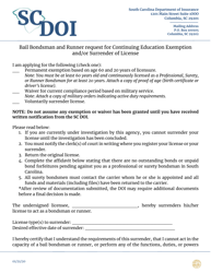 Document preview: Bail Bondsman and Runner Request for Continuing Education Exemption and/or Surrender of License - South Carolina