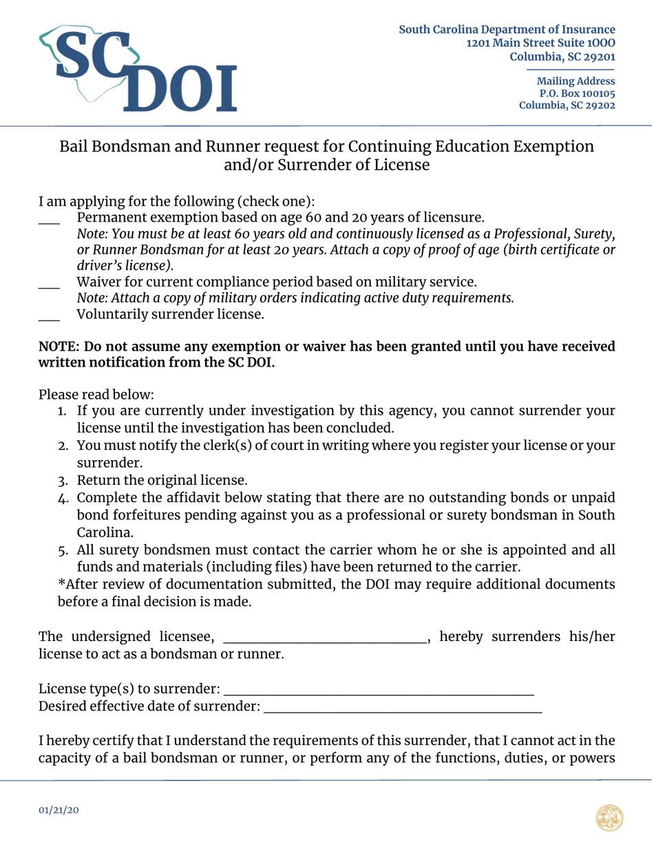 Bail Bondsman and Runner Request for Continuing Education Exemption and / or Surrender of License - South Carolina, Page 1