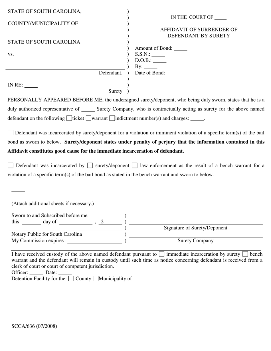 Form SCCA / 636 Affidavit of Surrender of Defendant by Surety - South Carolina, Page 1
