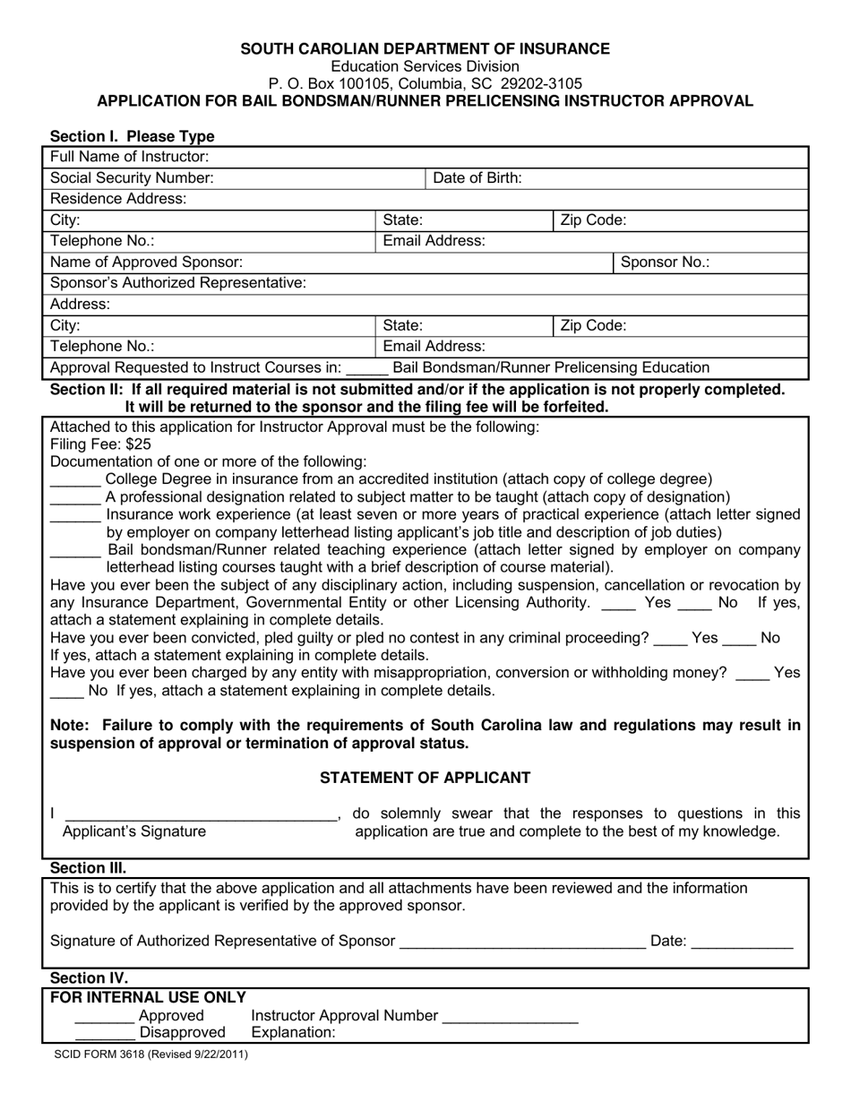SCID Form 3618 Application for Bail Bondsman / Runner Prelicensing Instructor Approval - South Carolina, Page 1