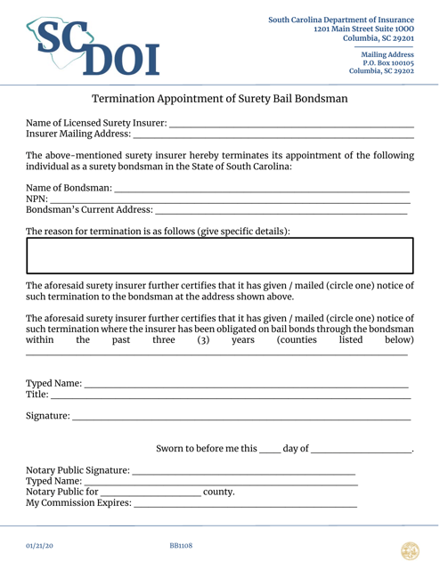 Form BB1108 Termination Appointment of Surety Bail Bondsman - South Carolina
