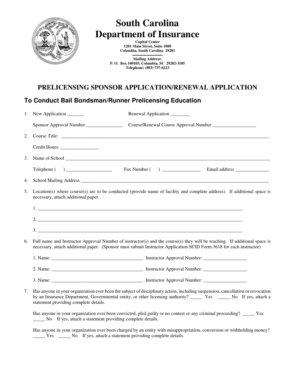 SCID Form 3613 A Prelicensing Sponsor Application / Renewal Application to Conduct Bail Bondsman / Runner Prelicensing Education - South Carolina, Page 1