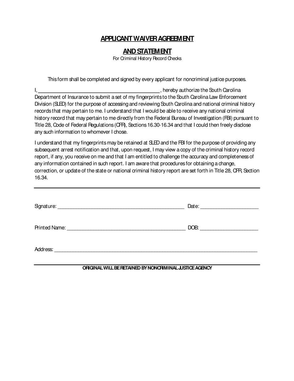 Applicant Waiver Agreement and Statement for Criminal History Record Checks - South Carolina, Page 1