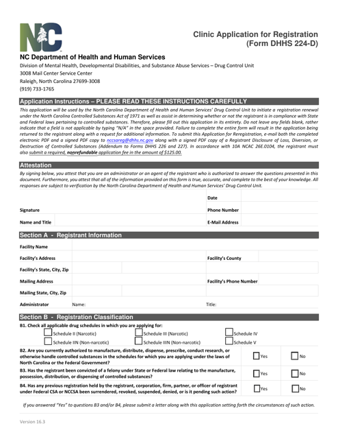 Form DHHS224-D Clinic Application for Registration - North Carolina