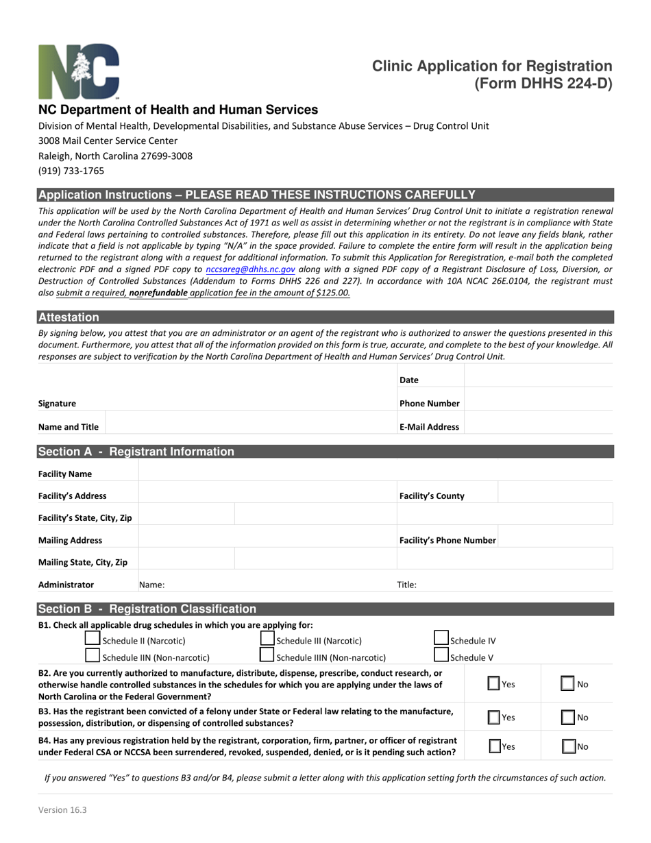 Form DHHS224-D Clinic Application for Registration - North Carolina, Page 1