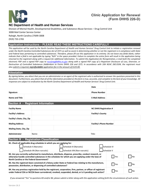 Form DHHS226-D Clinic Application for Renewal - North Carolina
