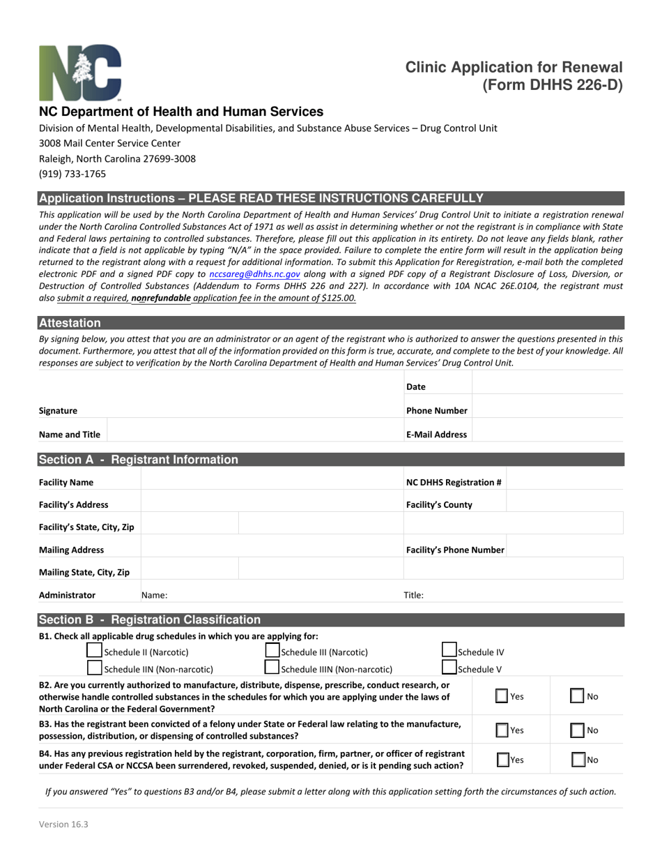 Form DHHS226-D Clinic Application for Renewal - North Carolina, Page 1