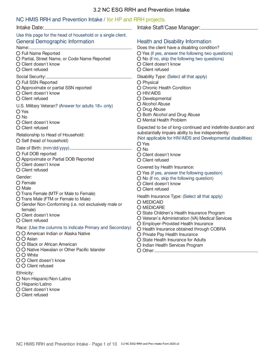 Nc Hmis Rrh and Prevention Intake - North Carolina, Page 1