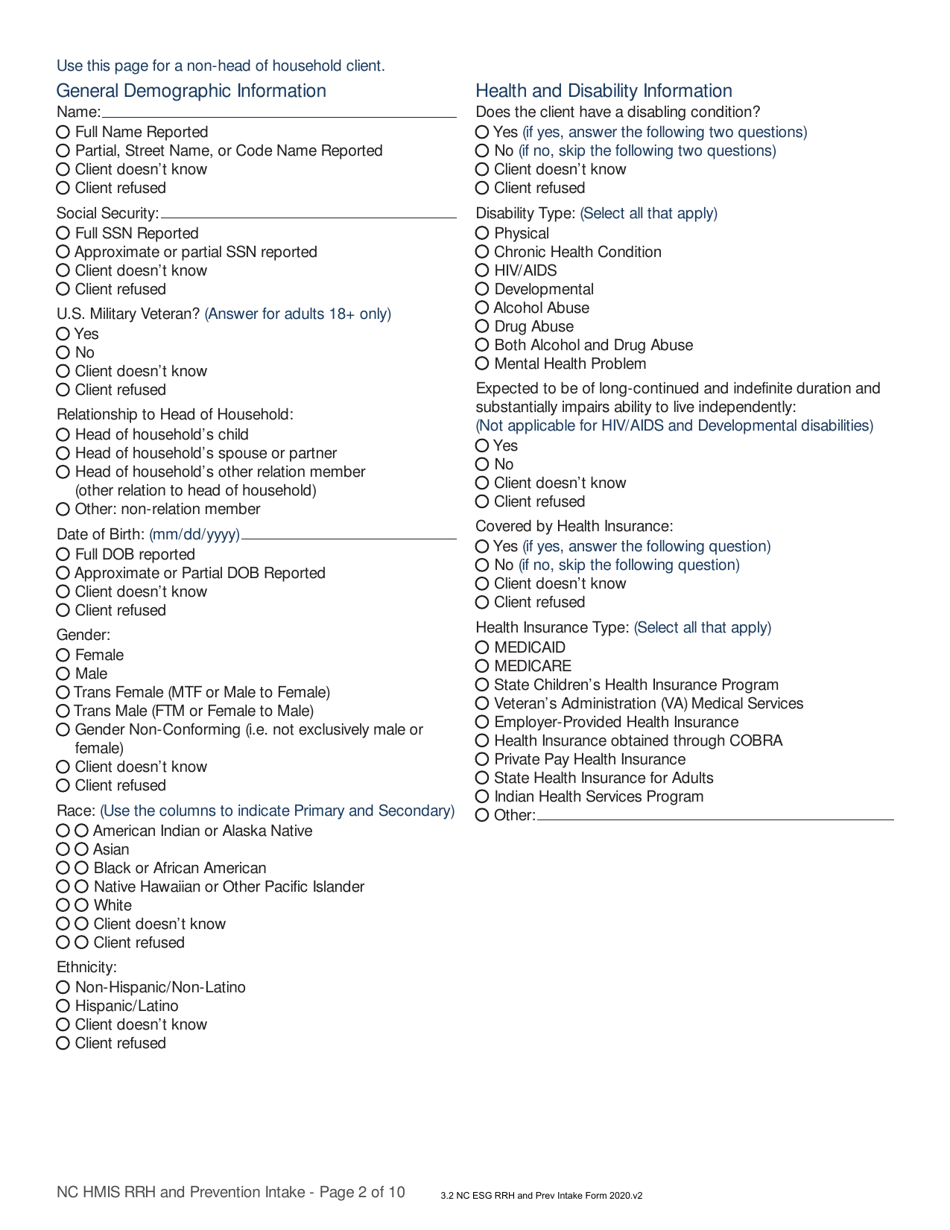 Nc Hmis Rrh and Prevention Intake - North Carolina, Page 2