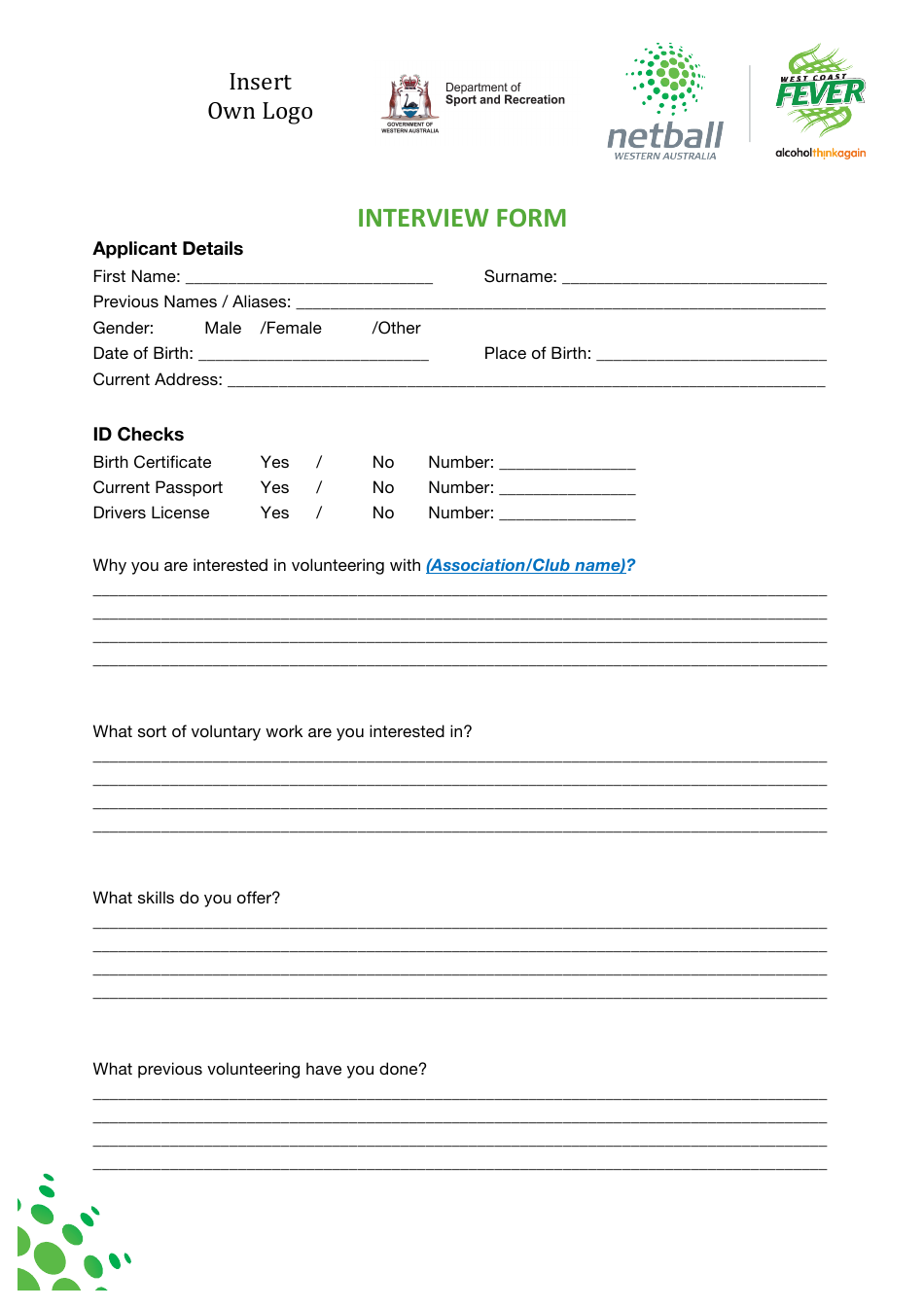 Interview Form - Netball Wa - Western Australia, Australia, Page 1
