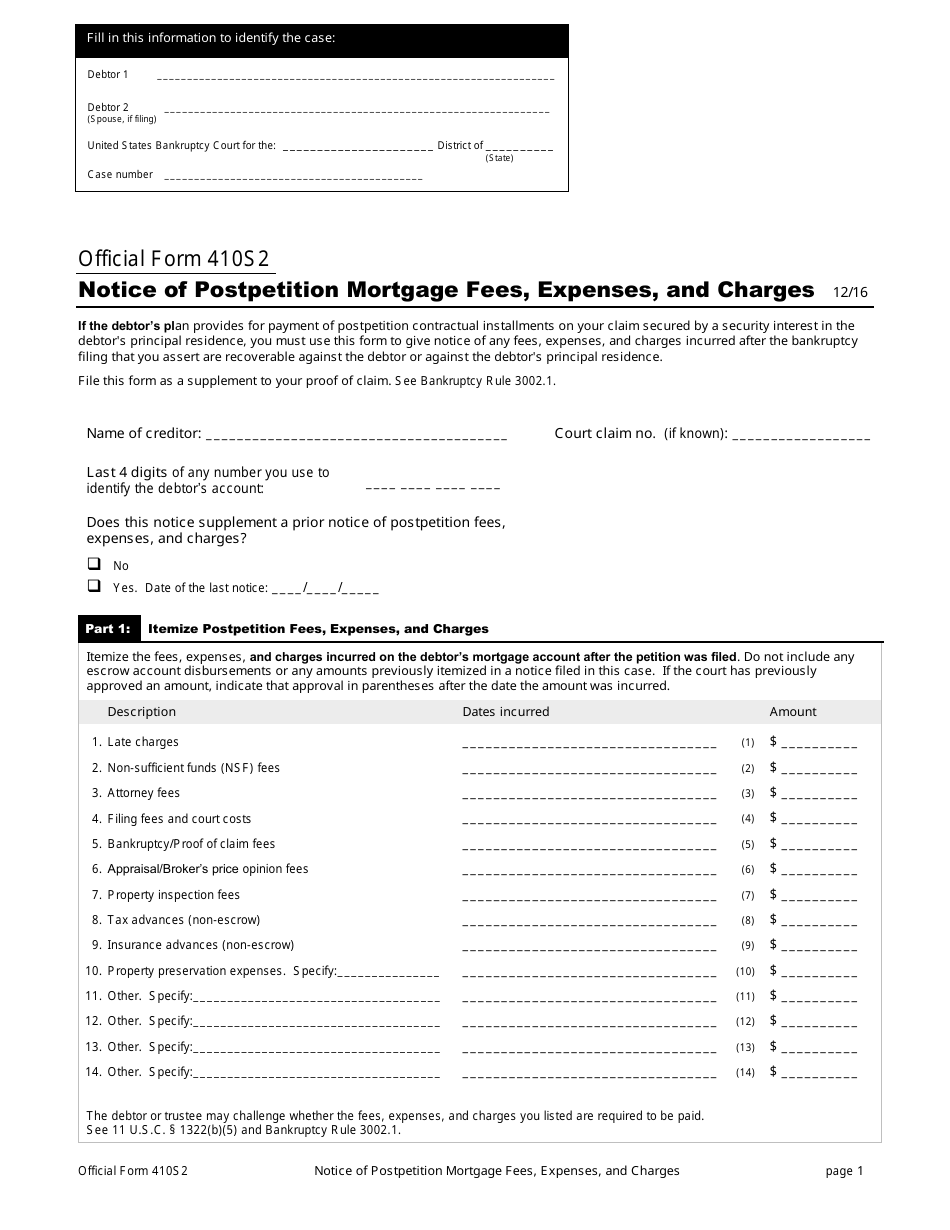 Official Form 410S2 Notice of Postpetition Mortgage Fees, Expenses, and Charges, Page 1