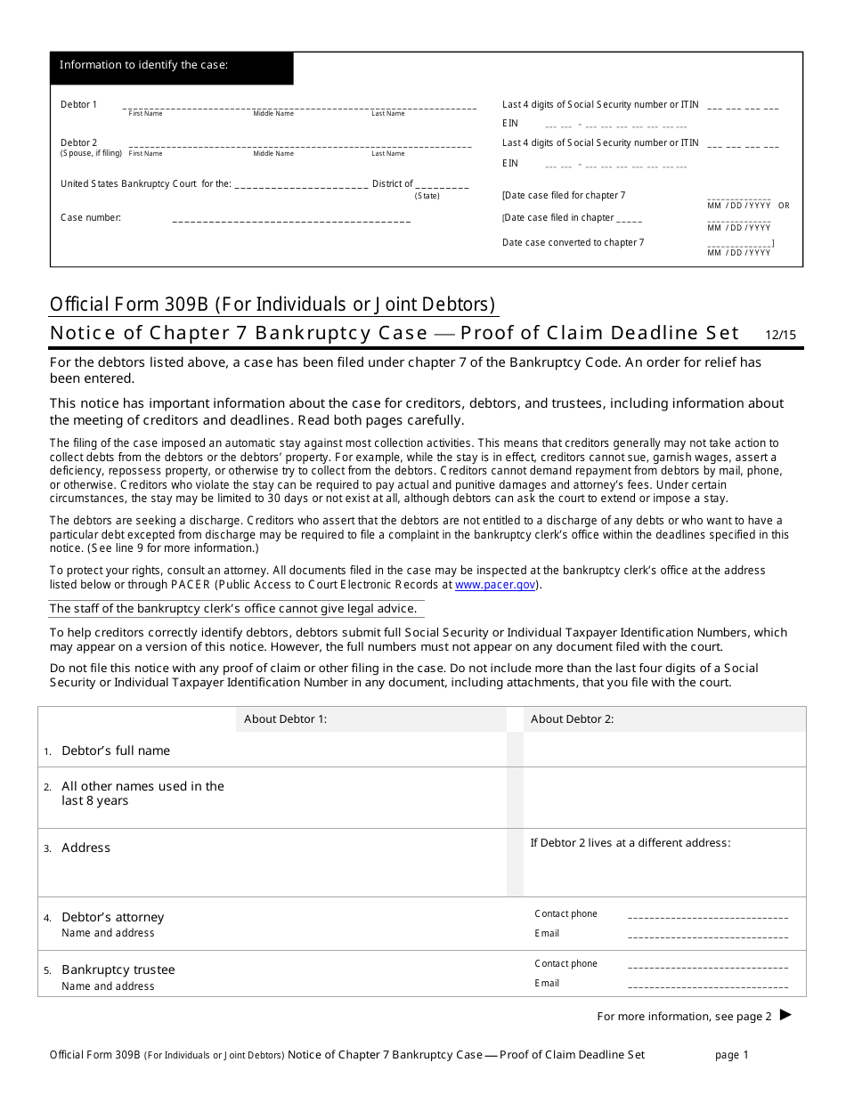 Official Form 309B Notice of Chapter 7 Bankruptcy Case - Proof of Claim Deadline Set, Page 1