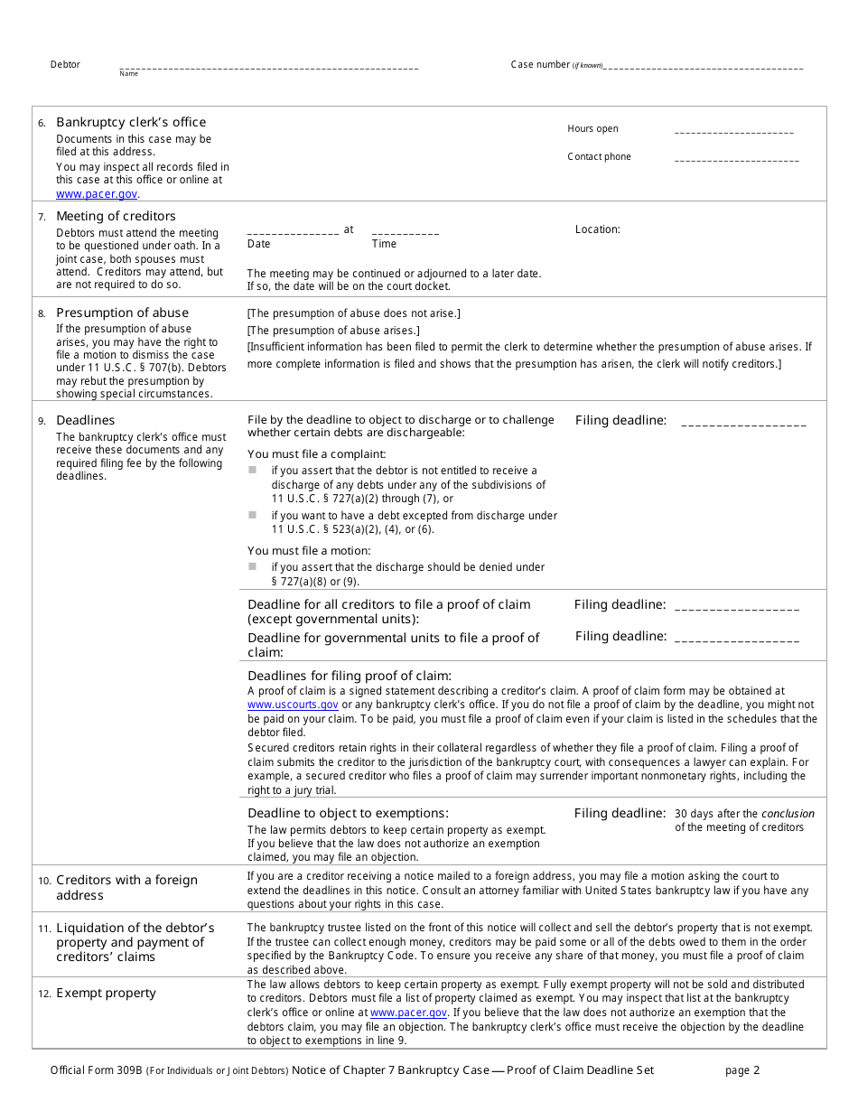 Official Form 309B Notice of Chapter 7 Bankruptcy Case - Proof of Claim Deadline Set, Page 2