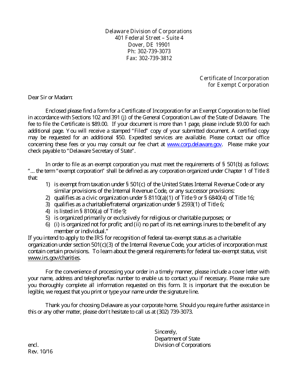 Delaware Certificate of Incorporation for Exempt Corporation Fill Out