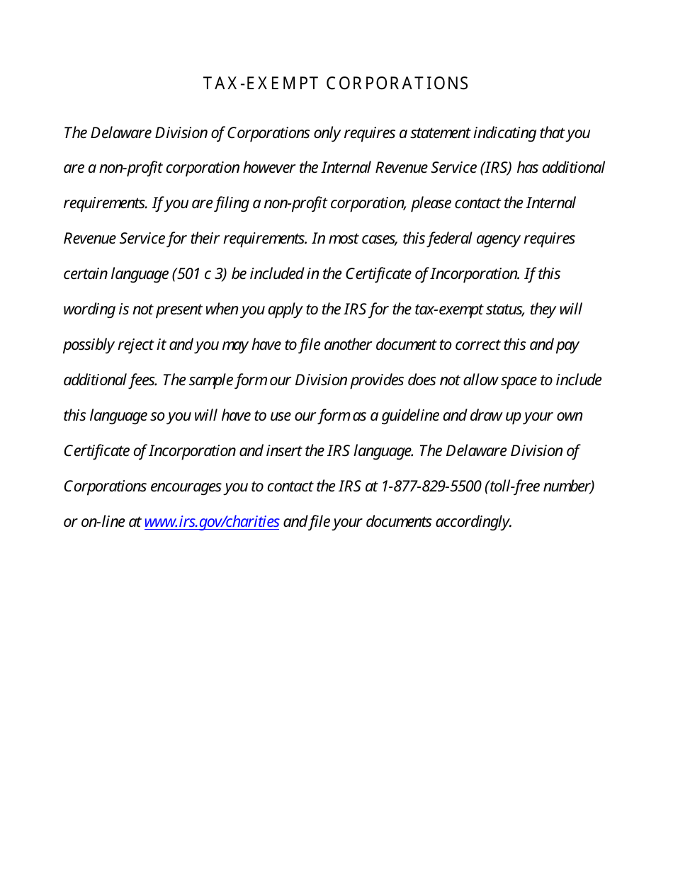 Certificate of Incorporation for Exempt Corporation - Delaware, Page 3