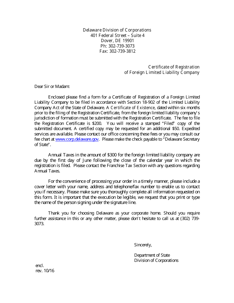 Certificate of Registration of a Foreign Limited Liability Company - Delaware, Page 1
