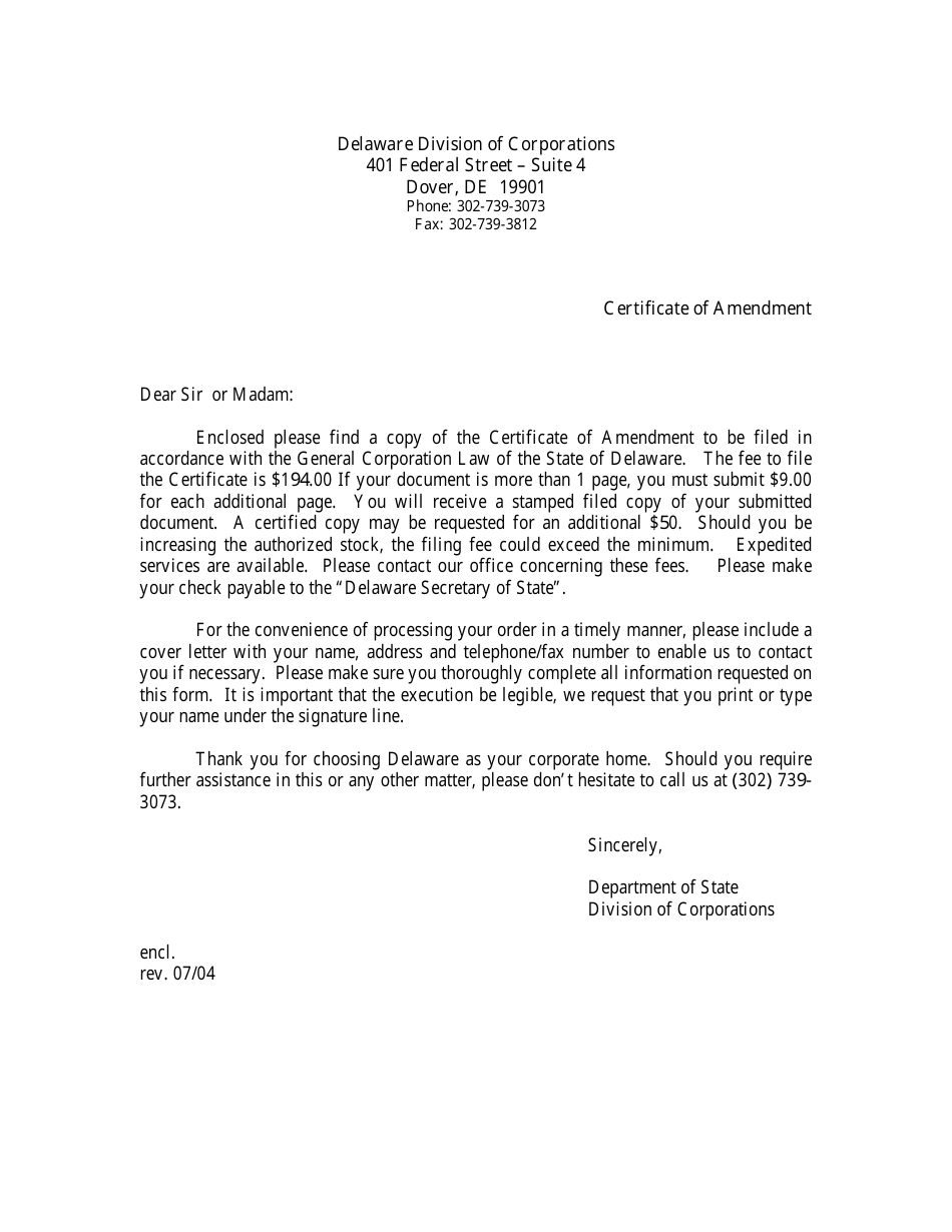 Certificate of Amendment of Certificate of Incorporation - Delaware, Page 1