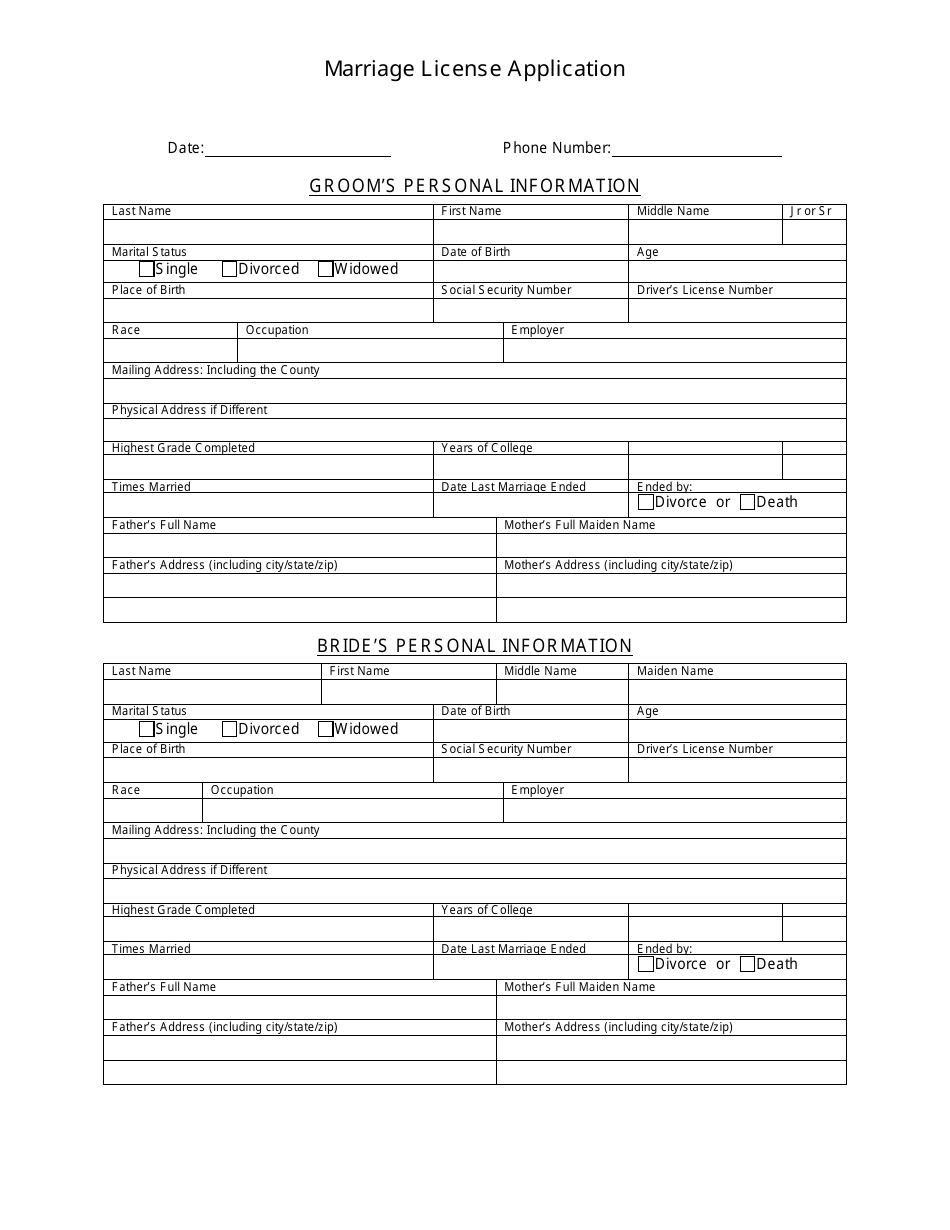 Printable Marriage License Application