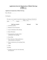 Form A Application Form for Registration of Hindu Marriage - Andhra Pradesh, India