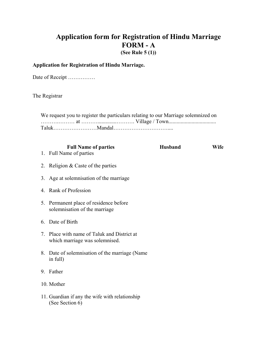 Form A Application Form for Registration of Hindu Marriage - Andhra Pradesh, India, Page 1