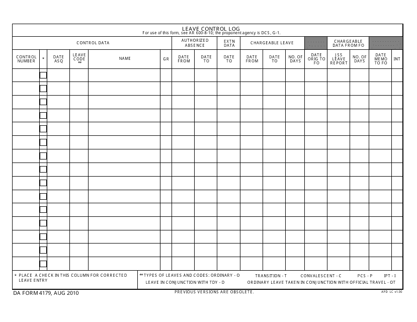 DA Form 4179  Printable Pdf