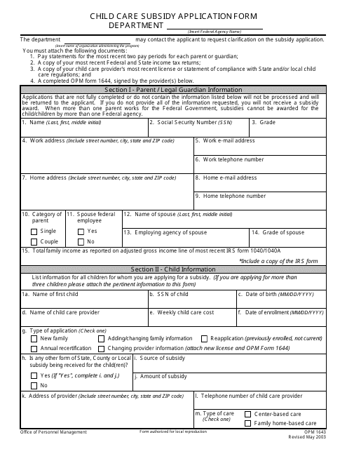 OPM Form 1643 Child Care Subsidy Application Form