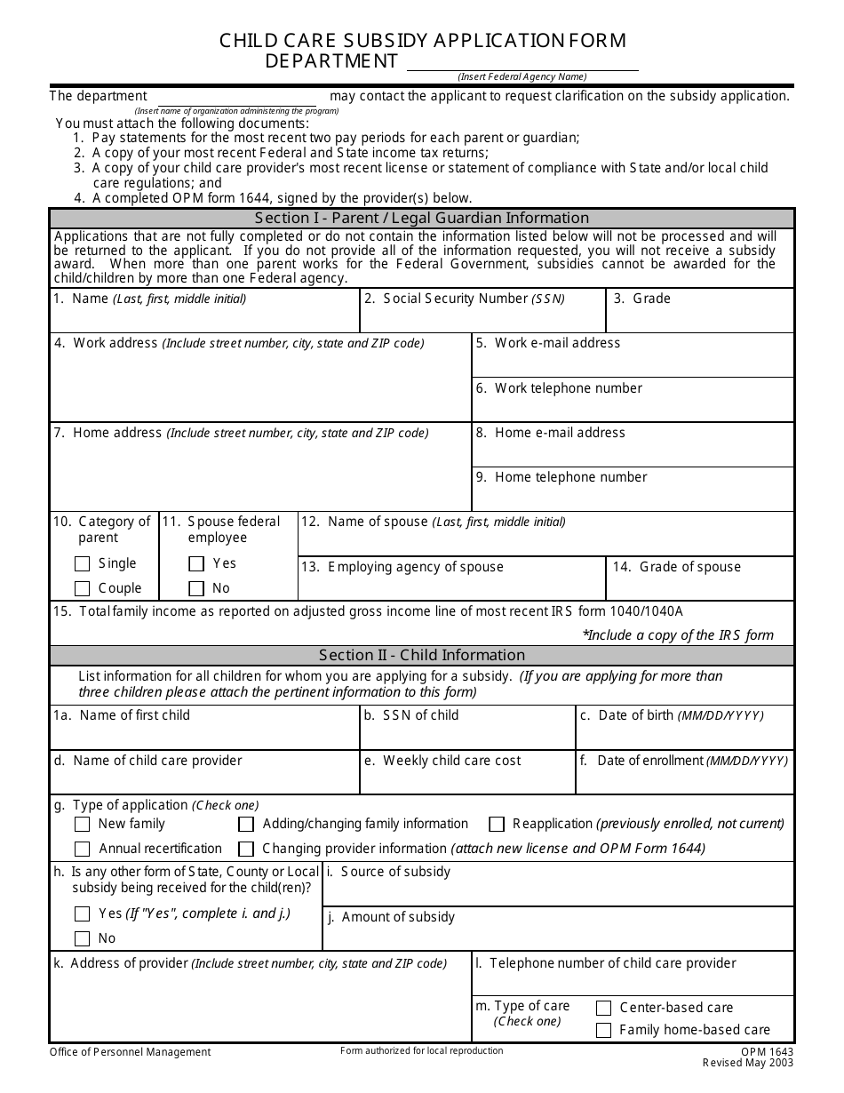 OPM Form 1643 Child Care Subsidy Application Form, Page 1