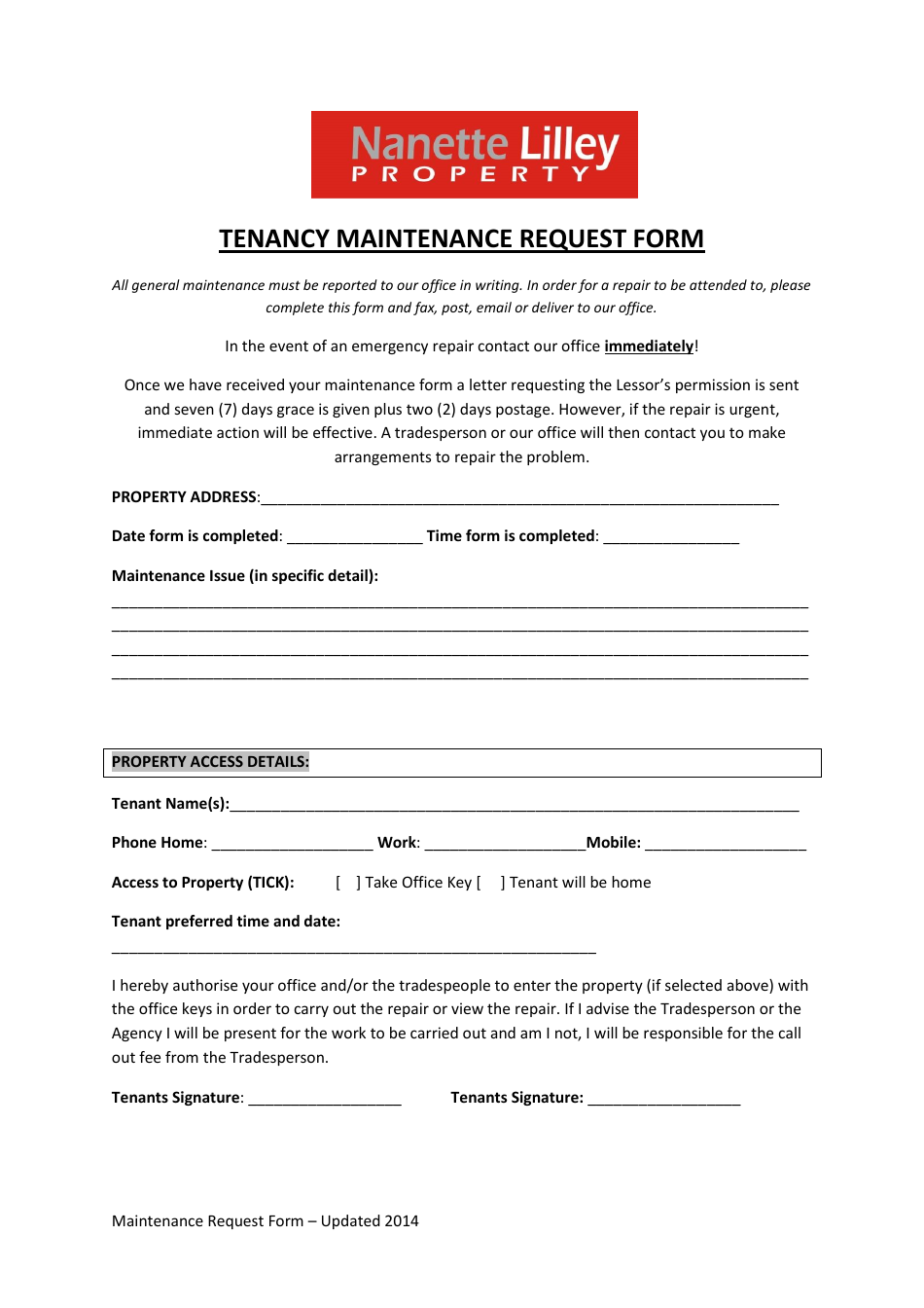 Tenancy Maintenance Request Form - Nanette Lilley Property, Page 1