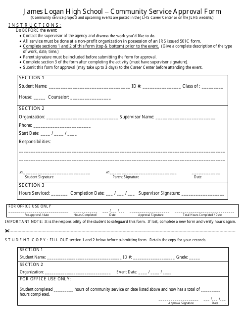 Community Service Approval Form - James Logan High School Download Pdf