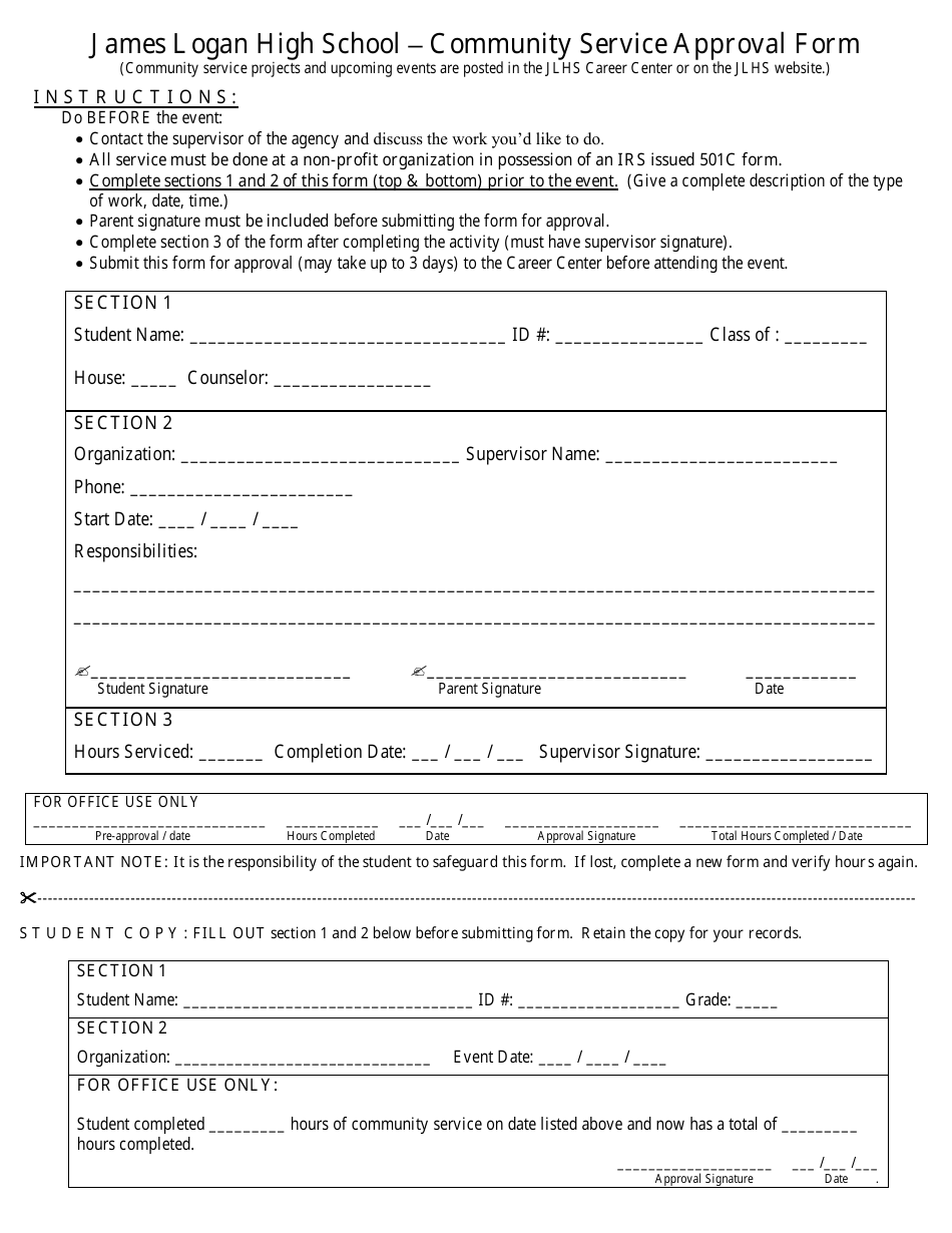Community Service Approval Form - James Logan High School, Page 1