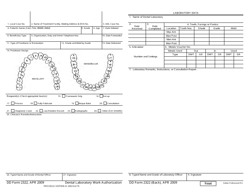 DD Form 2322 Dental Laboratory Work Authorization