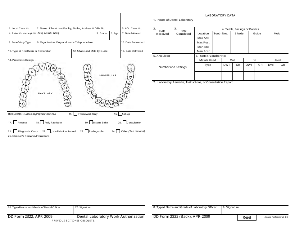 DD Form 2322 Dental Laboratory Work Authorization, Page 1