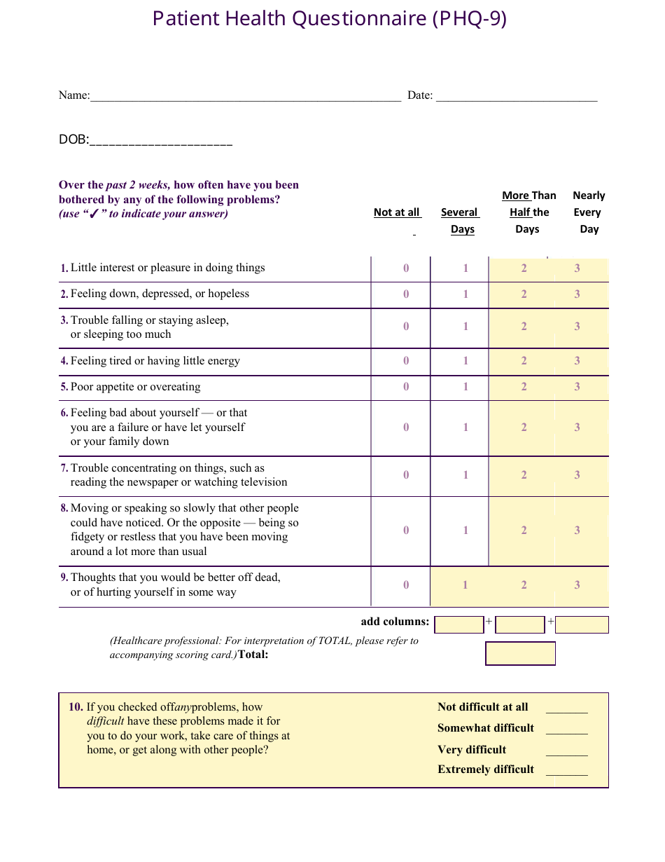 Patient Health Questionnaire (Phq-9) Form, Page 1
