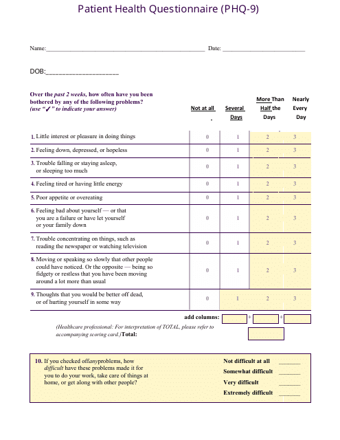 Patient Health Questionnaire (Phq-9) Form Download Pdf