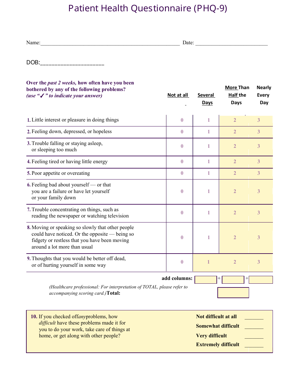 Phq 9 Printable Form Printable Word Searches