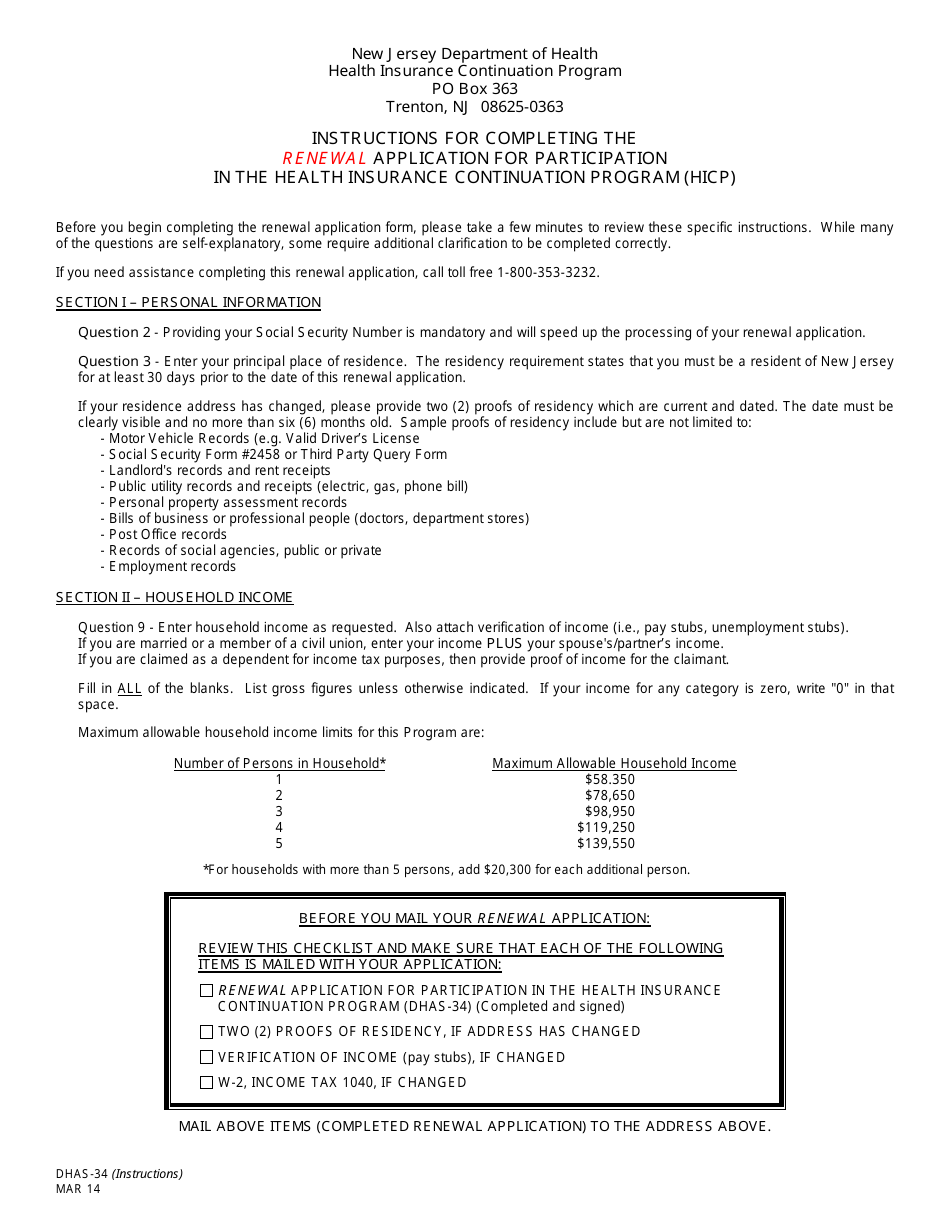 Form DHAS-34 Renewal Application for Participation in the Health Insurance Continuation Program - New Jersey, Page 1