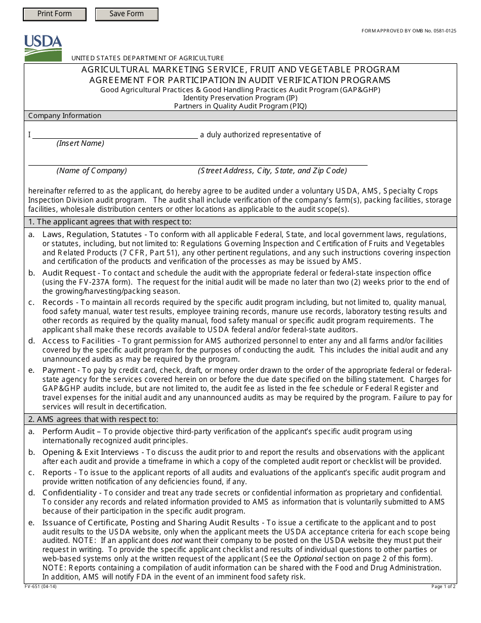 Form FV-651 Agricultural Marketing Service, Fruit and Vegetable Program Agreement for Participation in Audit Verification Programs, Page 1