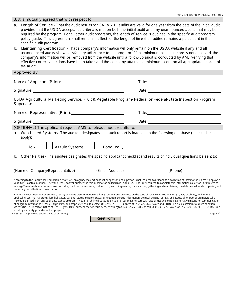 Form FV-651 Agricultural Marketing Service, Fruit and Vegetable Program Agreement for Participation in Audit Verification Programs, Page 2