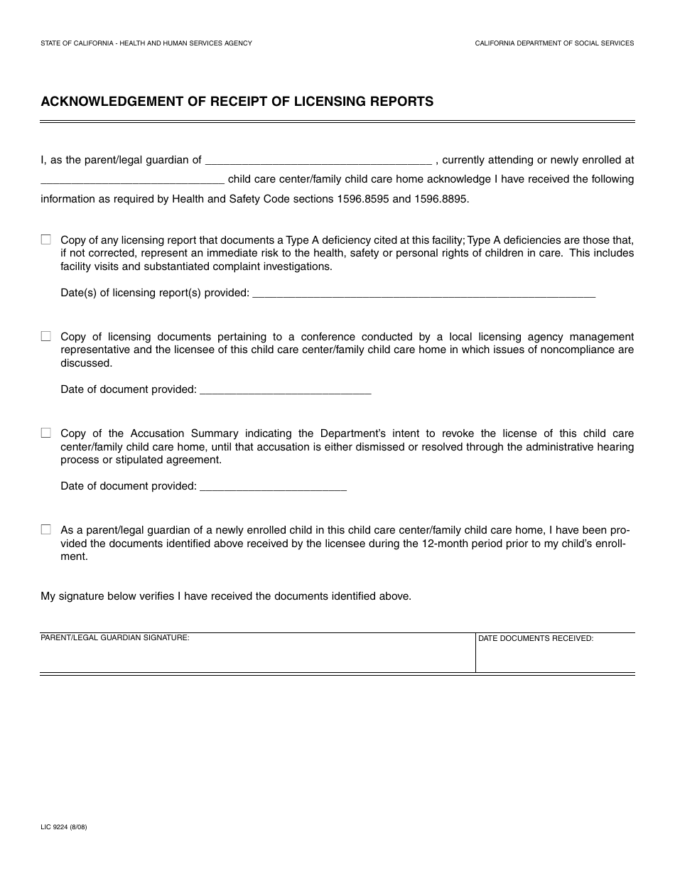 Form LIC9224 Acknowledgement of Receipt of Licensing Reports - California, Page 1