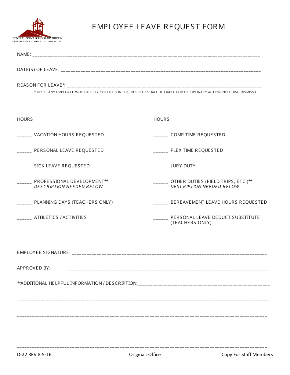 Employee Leave Request Form - Central Point School District 6, Page 1