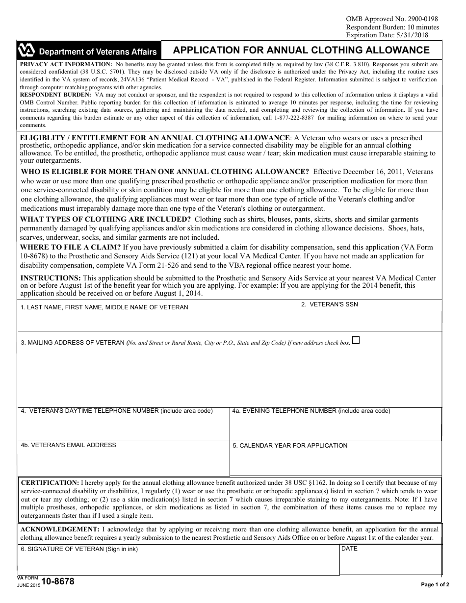 VA Form 10-8678 Application for Annual Clothing Allowance, Page 1