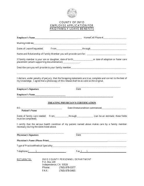 Employee Application for Paid Family Leave Benefits - Inyo County, California Download Pdf