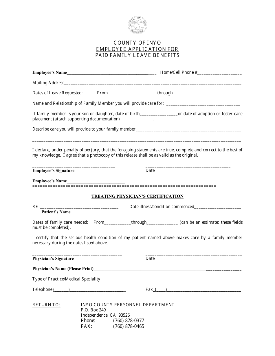 Employee Application for Paid Family Leave Benefits - Inyo County, California, Page 1