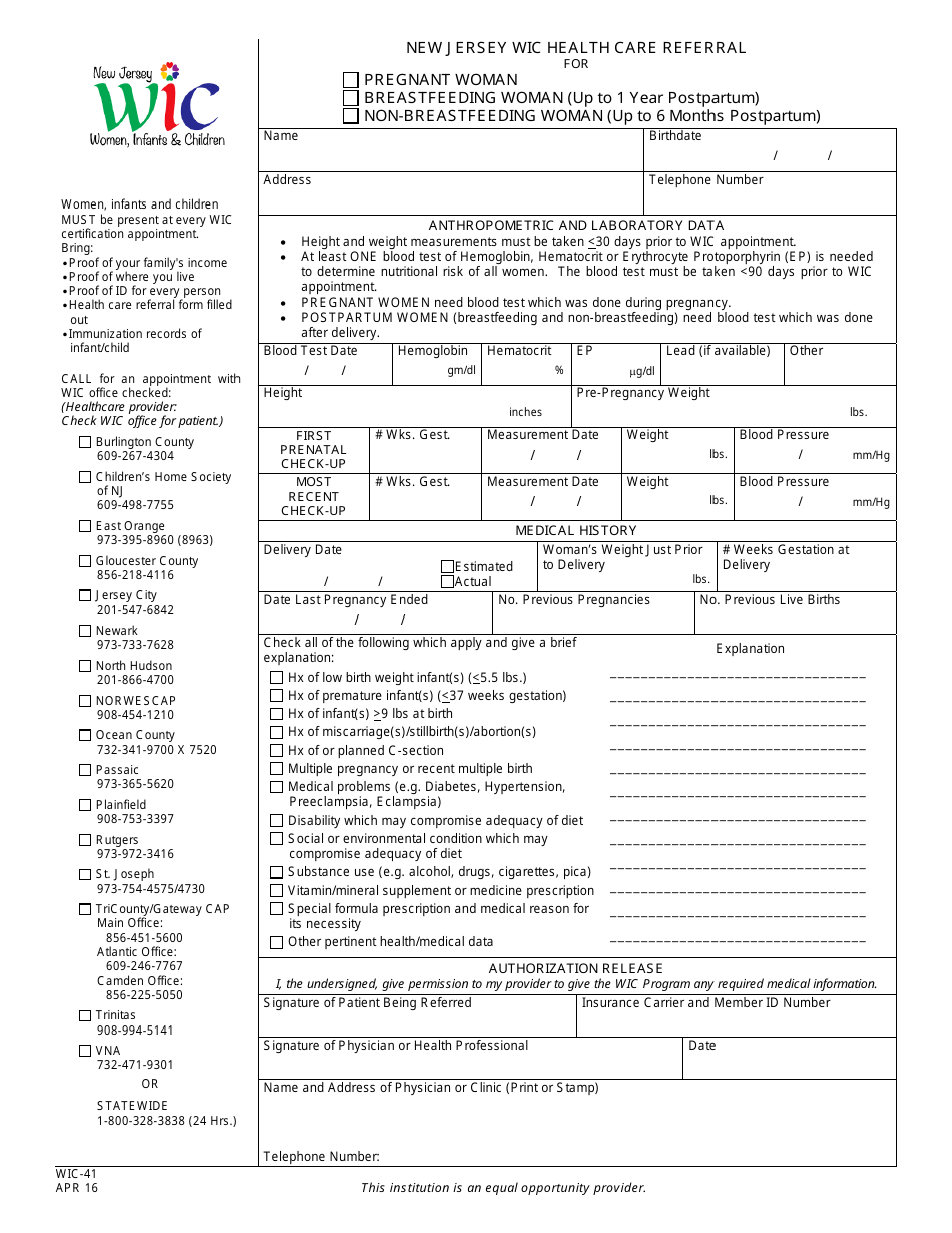 Form WIC-41 Nj Wic Health Care Referral (Women) - New Jersey, Page 1