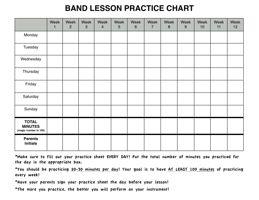Band Lesson Practice Chart Template Download Pdf