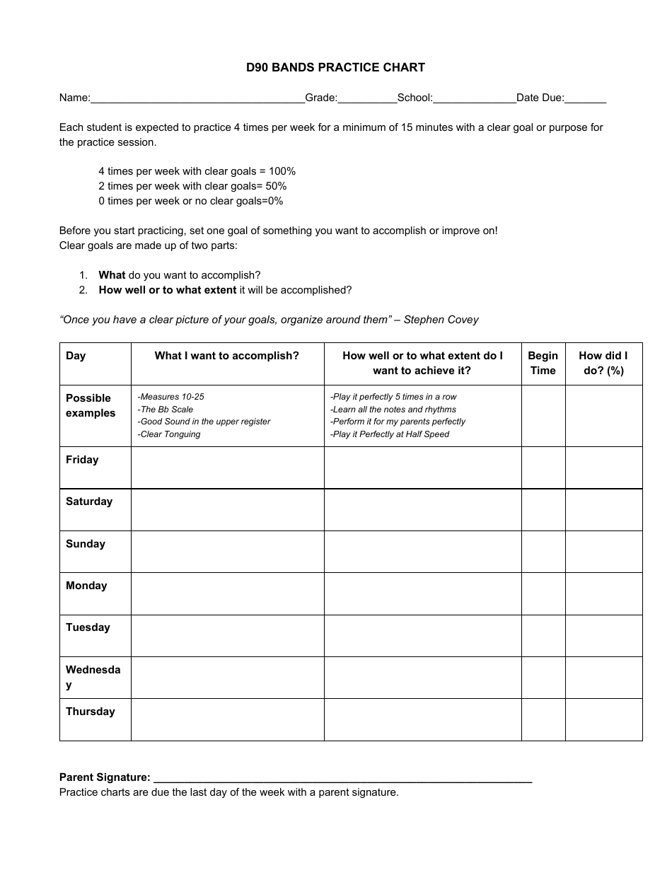 Bands Practice Chart Template - District 90 Jr. High Music Department, Page 1