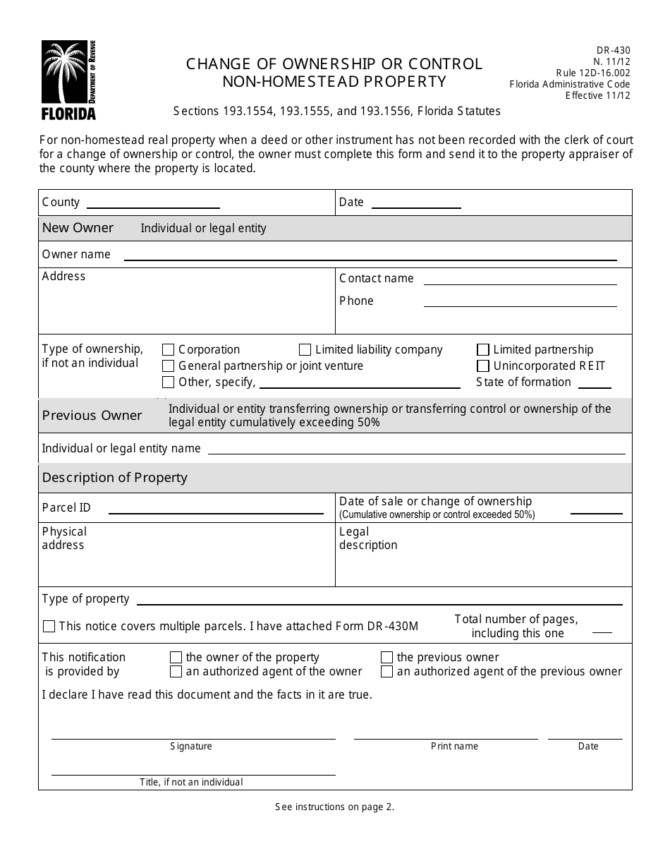 Form DR-430 Change of Ownership or Control Non-homestead Property - Florida, Page 1