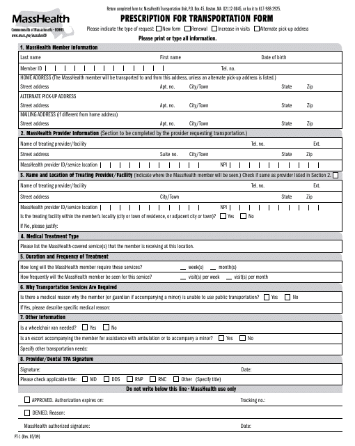 Form PT-1 Prescription for Transportation Form - Massachusetts