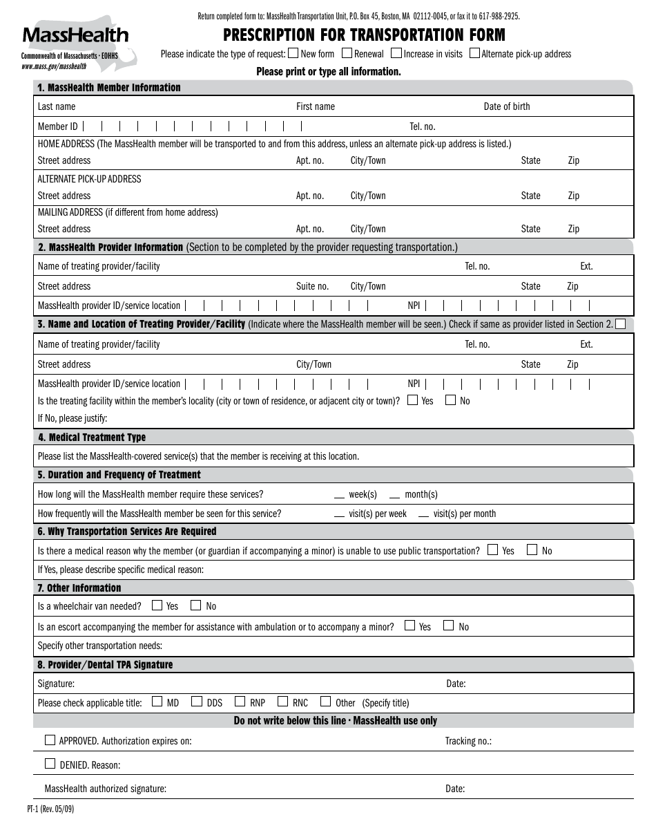 Form PT-1 Prescription for Transportation Form - Massachusetts, Page 1