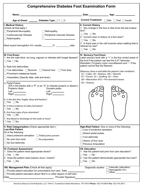 Comprehensive Diabetes Foot Examination Form - American Brace & Limb Enterprise, Llc Download Pdf